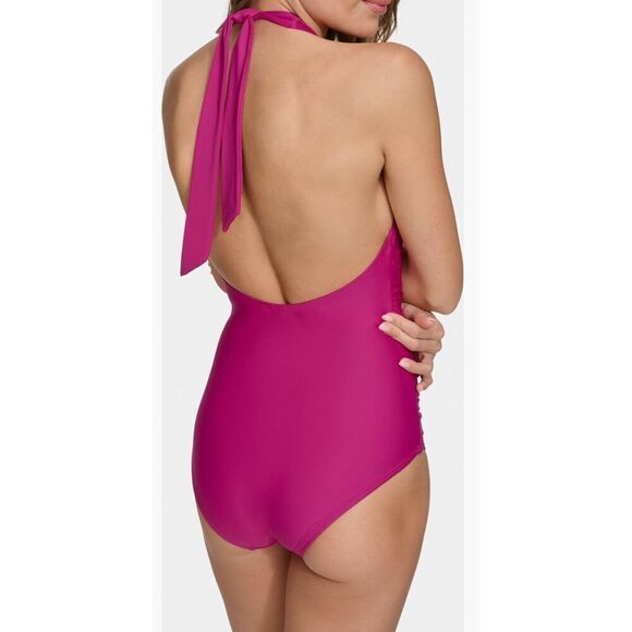 DKNY Large Tie-Back Halter-Style One Piece Swimsuit Pink Multi NWT - Picture 2 of 6